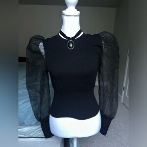 SOLD Elegant Black Sheer Puff Sleeve Top